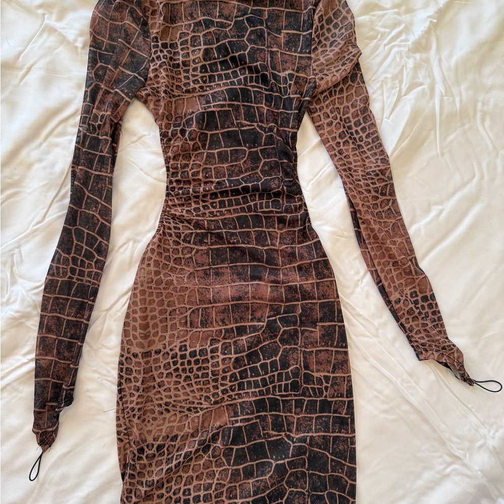 Elegant Brown Crocodile Print Dress